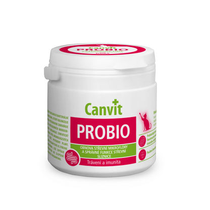 Canvit Probio for Cats probiotic supplement in a 100g container, supporting healthy digestion for cats.