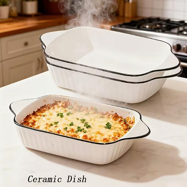 Set of three DEPOT ceramic baking dishes with baked casserole on a kitchen counter, ideal for oven cooking and serving.