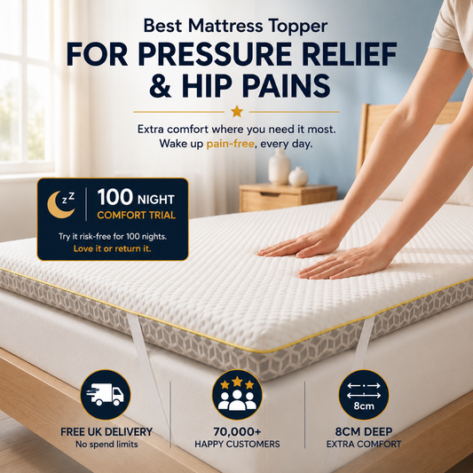 A mattress topper shown on a bed in a bedroom setting, with a person's hand resting on the surface. Large marketing text at the top claims pressure relief and hip pain relief, with icons at the bottom highlighting free UK delivery, 70,000+ happy customers, and 8cm depth.