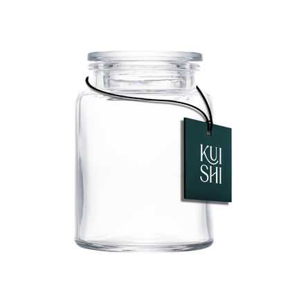Large clear glass apothecary jar from Kuishi, ideal for bathroom storage and decor with a wide mouth for easy access.
