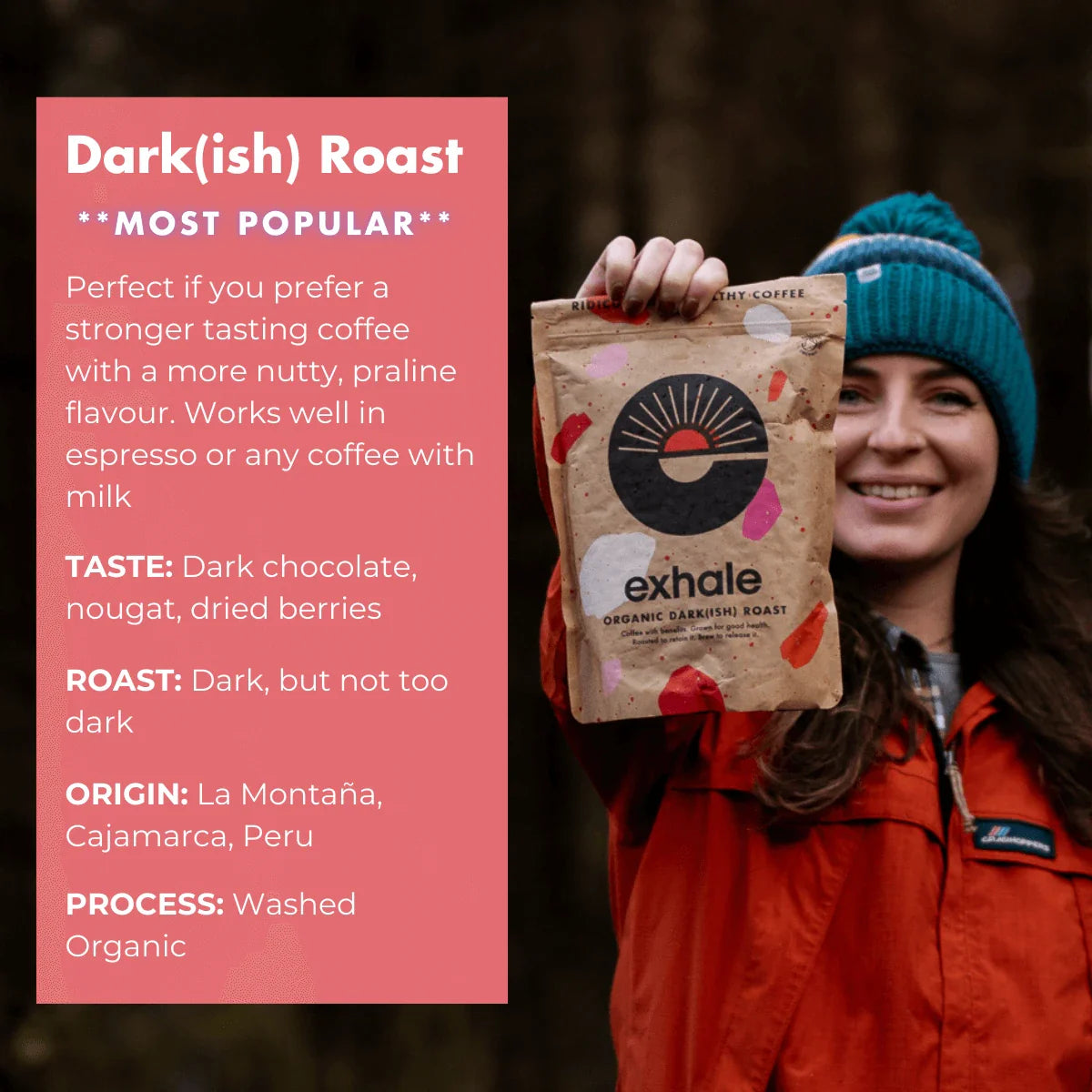 Organic dark roast coffee by Exhale Healthy Coffee, showing a bag of rich, dark roasted coffee beans on a wooden table.