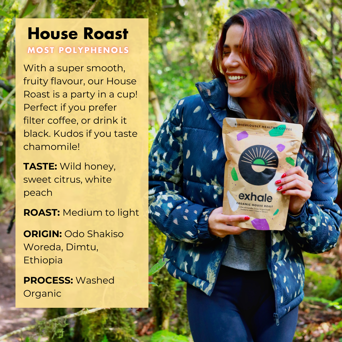 Organic house roast coffee by Exhale Healthy Coffee shown in a bag with a scoop and brewed coffee cup on a wooden table.