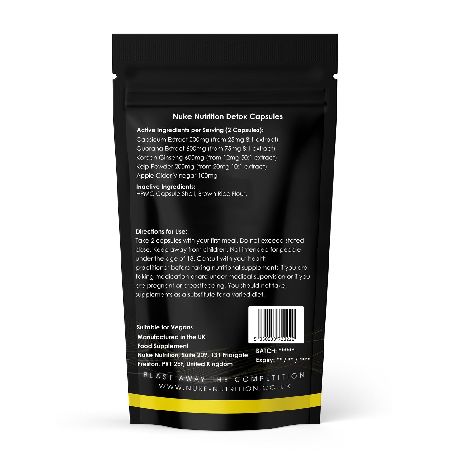 Nuke Nutrition Detox 850mg capsules with apple cider vinegar, capsicum, kelp, ginseng, and guarana for digestive support and weight loss.