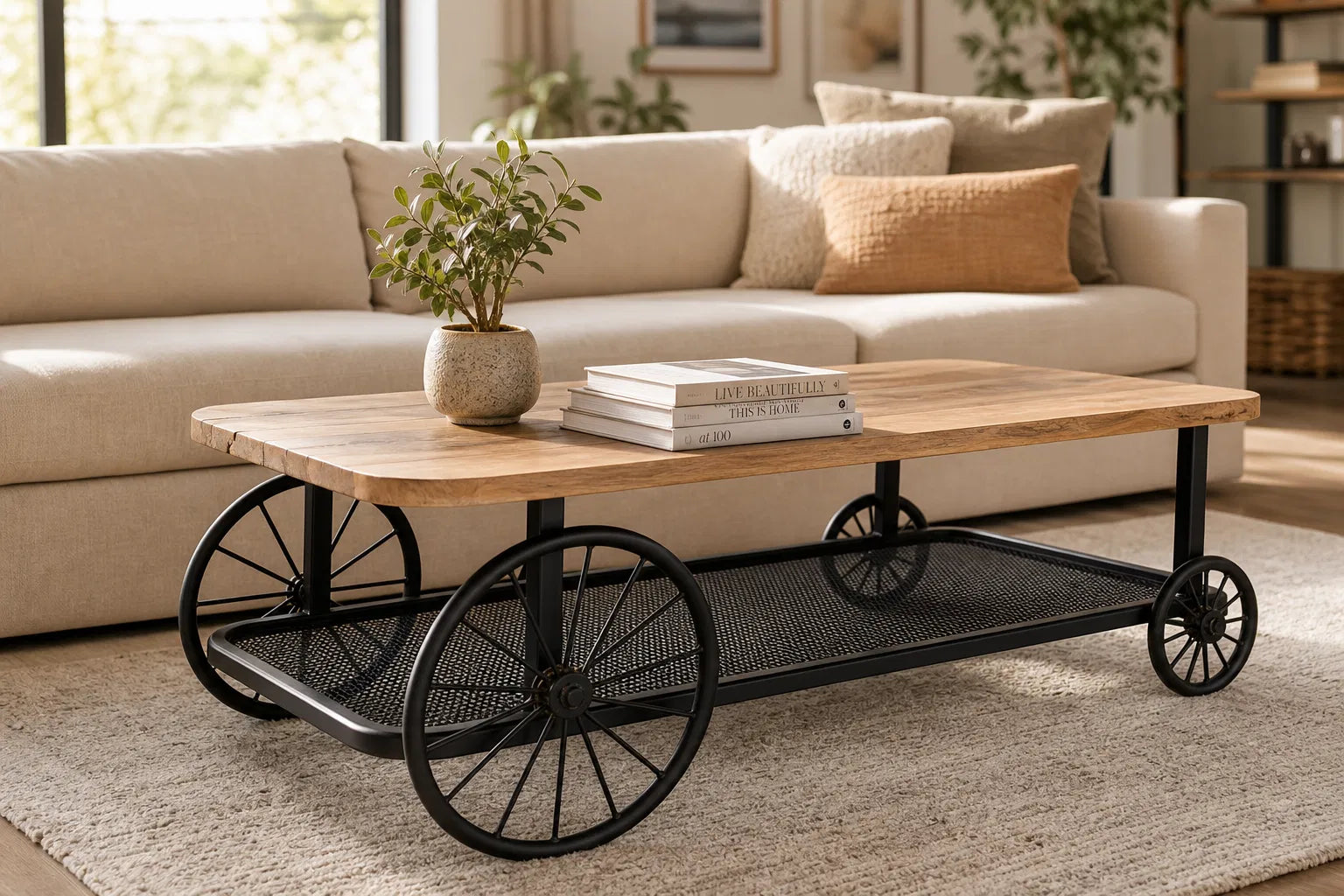 InStock Craft Wheel Coffee Table showing a round wooden table with a metal base in a modern living room setting