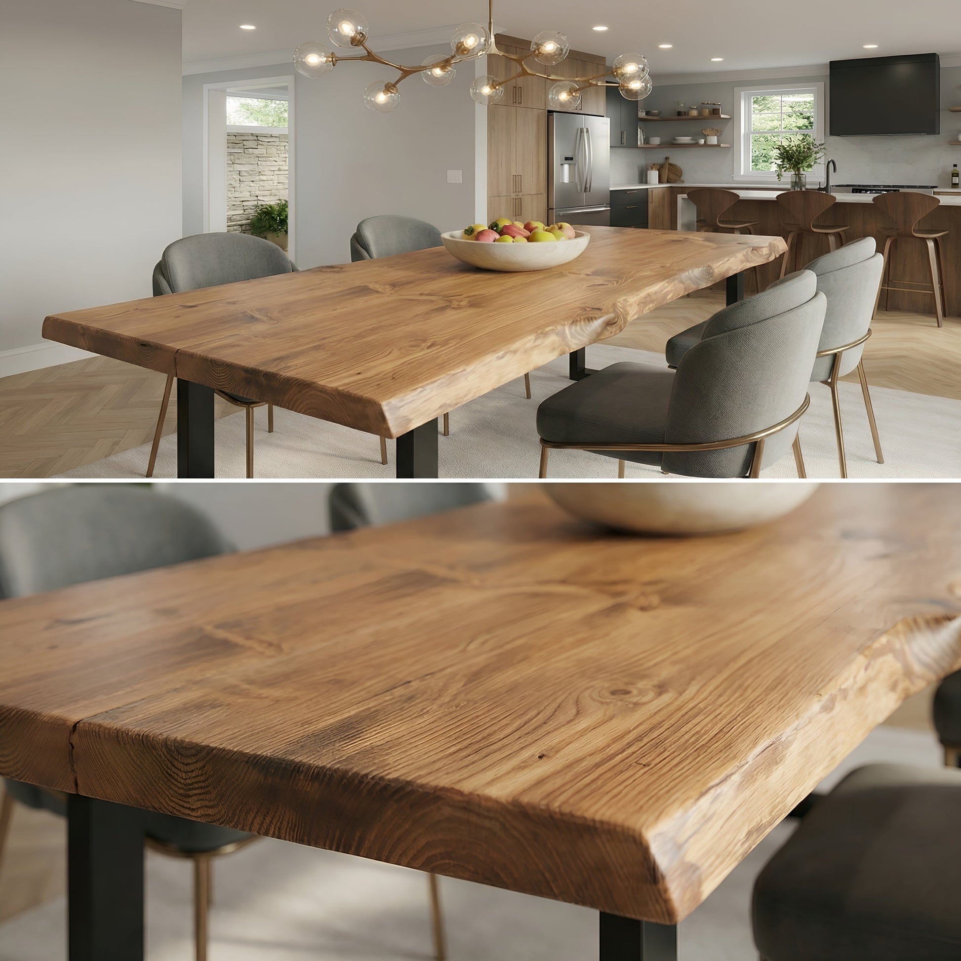 Waney edge wooden dining table with metal U-shaped legs by Tribe Joinery, showcasing natural wood grain and modern industrial design.