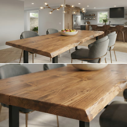 Waney edge wooden dining table with metal U-shaped legs by Tribe Joinery, showcasing natural wood grain and modern industrial design.