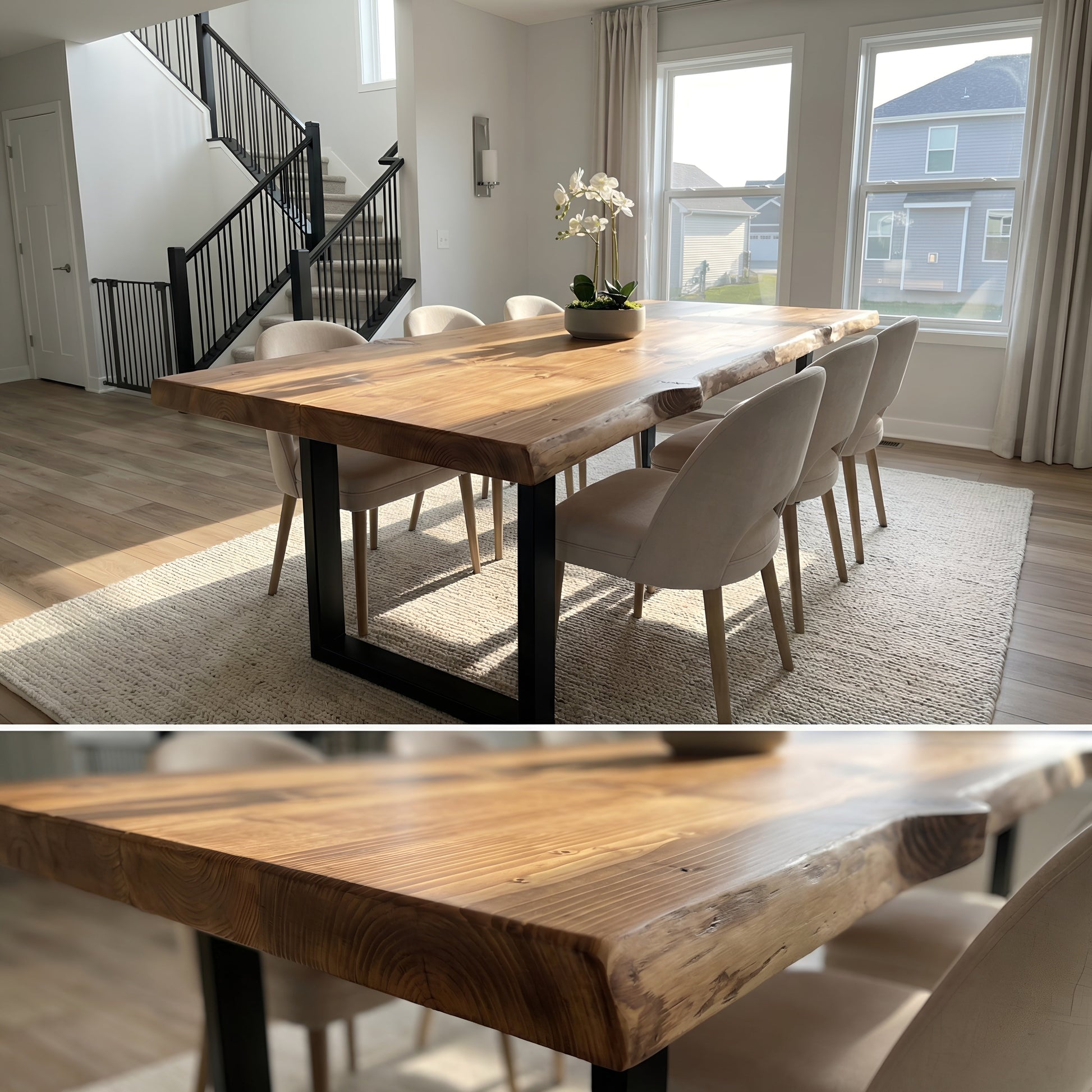 Waney edge wooden dining table with metal U-shaped legs by Tribe Joinery, showcasing natural wood grain and modern industrial design.