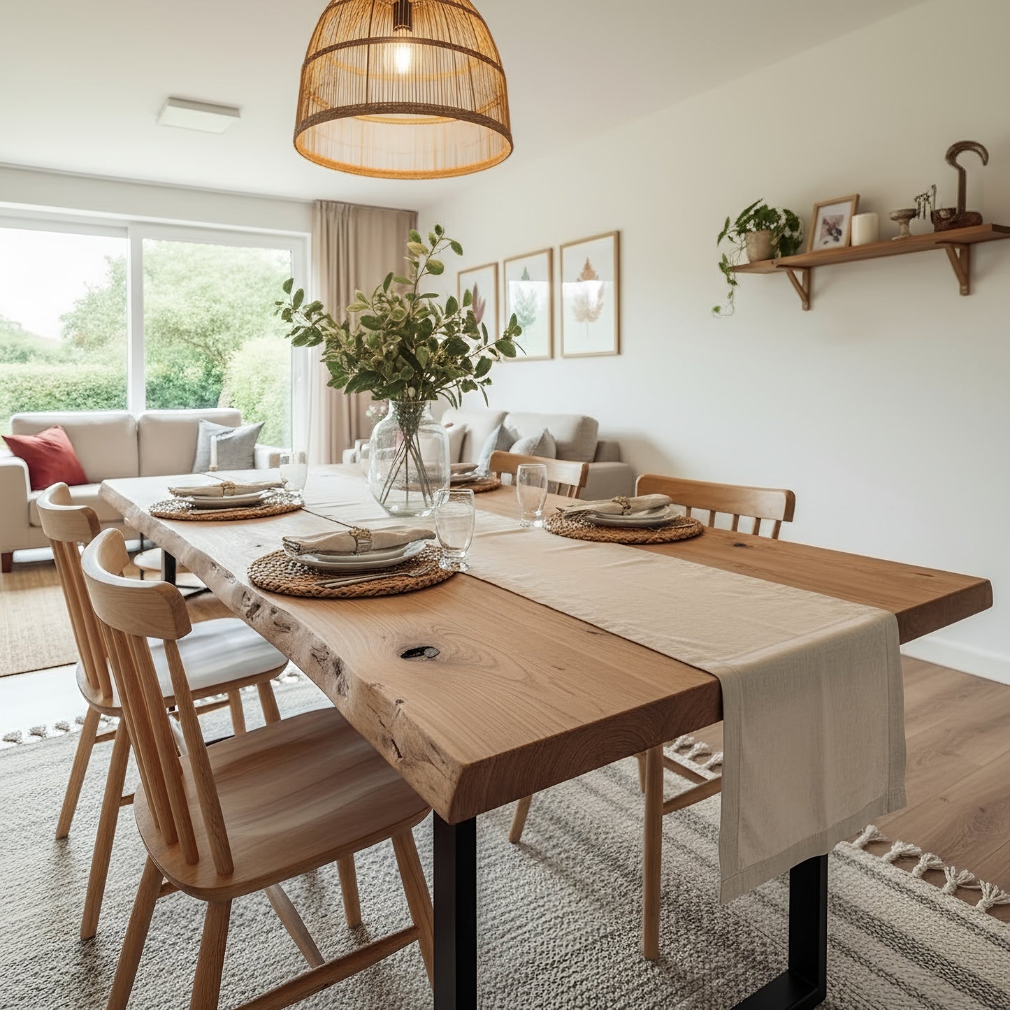 Waney edge wooden dining table with metal U-shape legs by Tribe Joinery, showcasing its rustic tabletop and modern metal base.