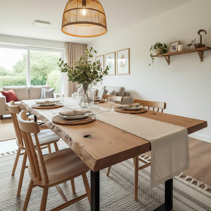 Waney edge wooden dining table with metal U-shape legs by Tribe Joinery, showcasing its rustic tabletop and modern metal base.