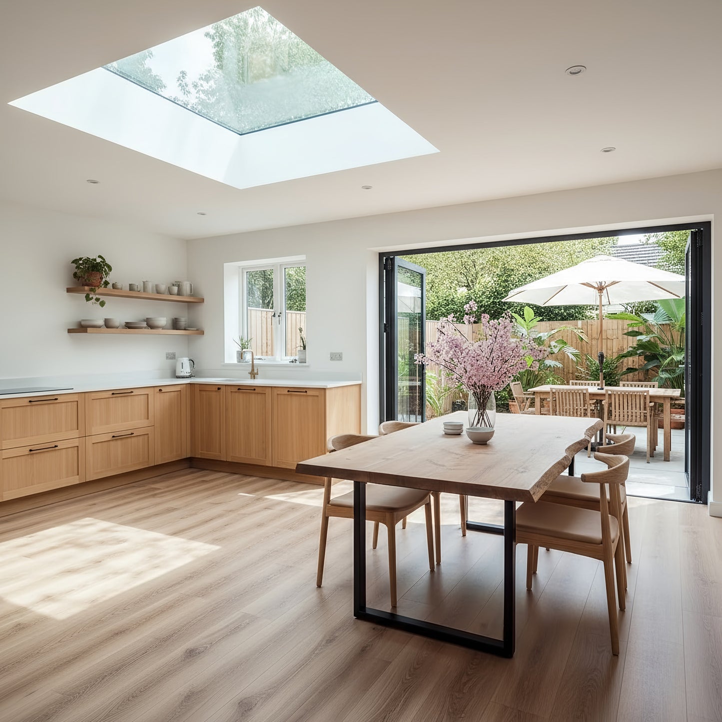Waney edge wooden dining table with metal U-shaped legs by Tribe Joinery, showcasing natural wood grain and modern design.