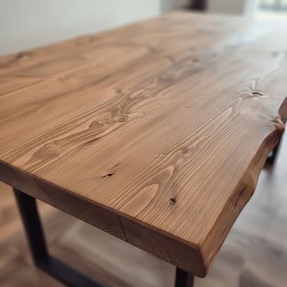 Waney edge wooden dining table with metal U-shaped legs, designed for a modern, rustic dining room setting.
