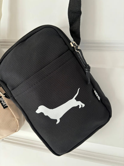 Dachshund sausage dog cross body bag with pouch and zipper, featuring detailed brown and tan plush design by The Bonnie Hound