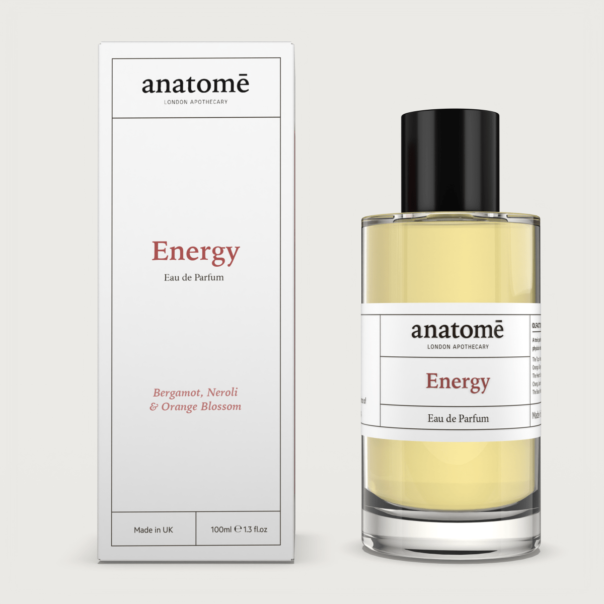 Anatomē Energy Functional perfume bottle with sleek design and minimalist label, designed to evoke vitality and freshness.