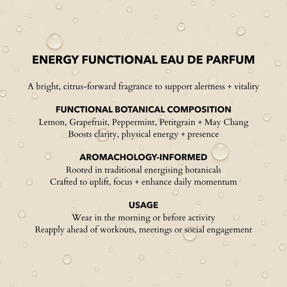 Anatomē Energy Functional perfume bottle with sleek glass design and minimalist label on a neutral background.