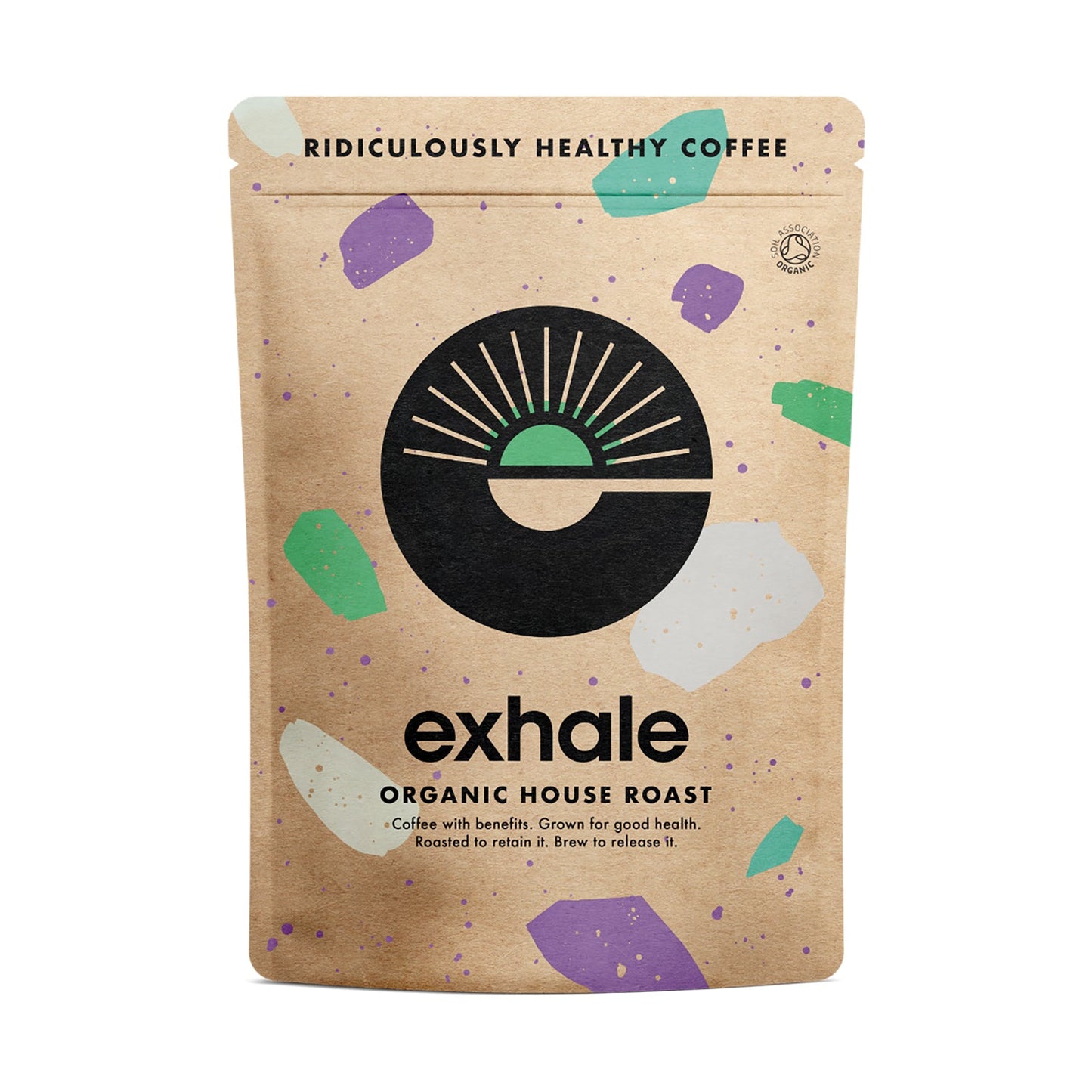 Organic house roast coffee from Exhale Healthy Coffee displayed in a white background, showing a bag of freshly roasted coffee beans.