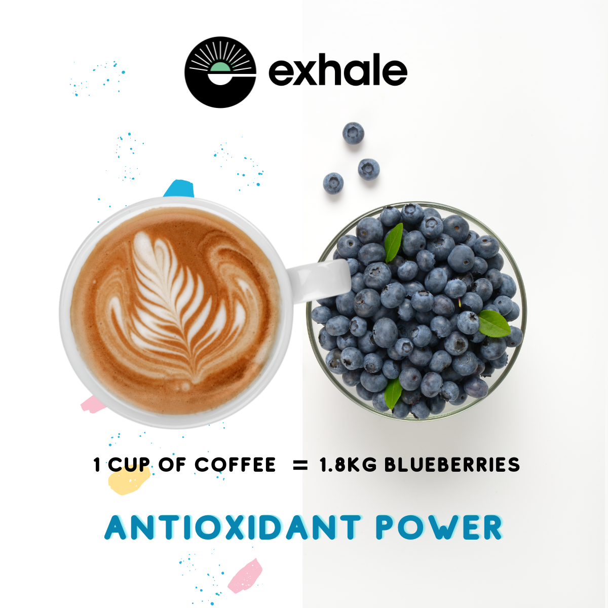 Organic decaf coffee by Exhale Healthy Coffee with a rich, antioxidant-filled brew in a clear glass mug on a wooden table.