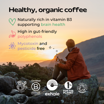 Organic decaf coffee from Exhale Healthy Coffee, showing a brewed coffee cup with a rich, dark color and fresh coffee beans.