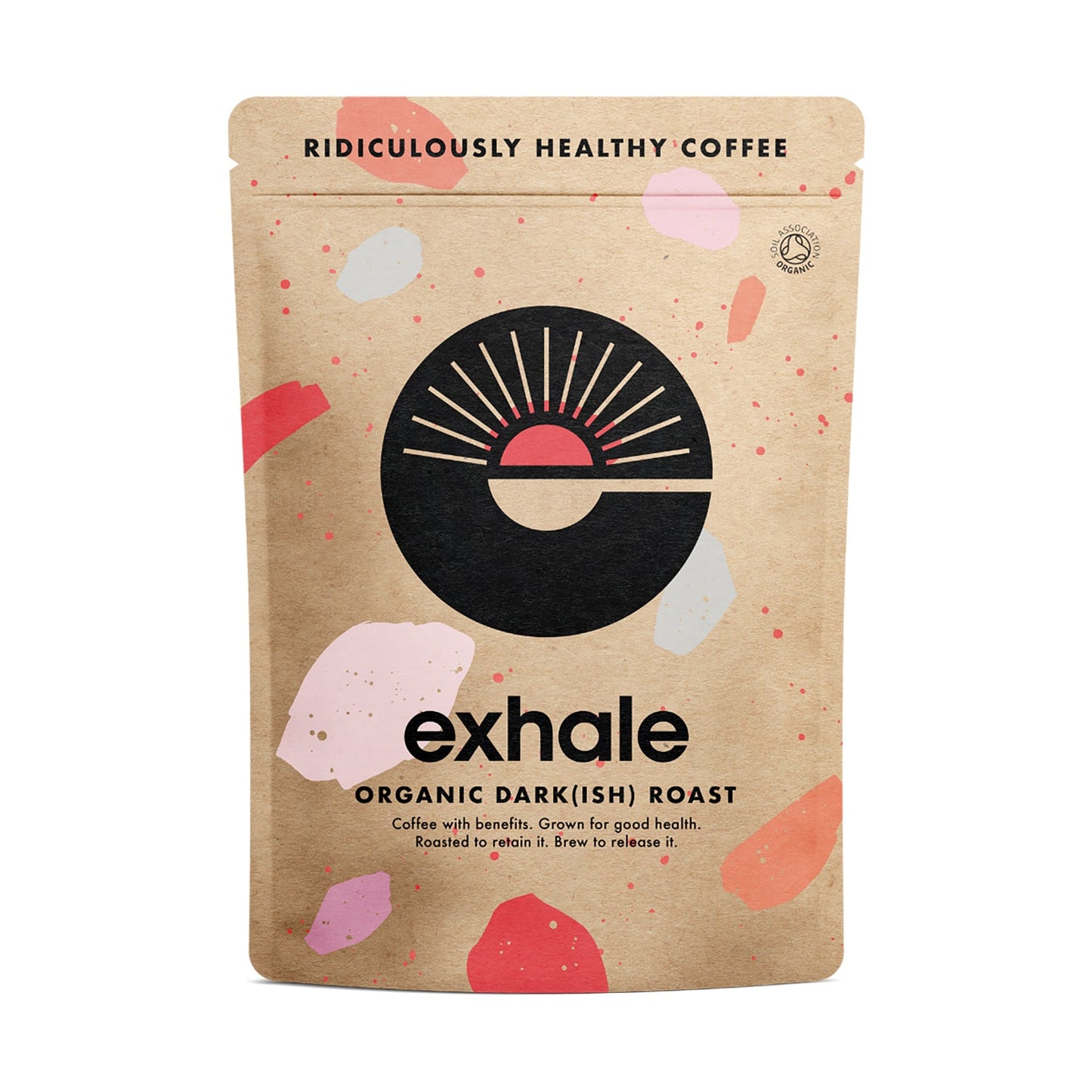 Organic dark roast coffee by Exhale Healthy Coffee, showing a bag of rich, dark roasted coffee beans on a white background.