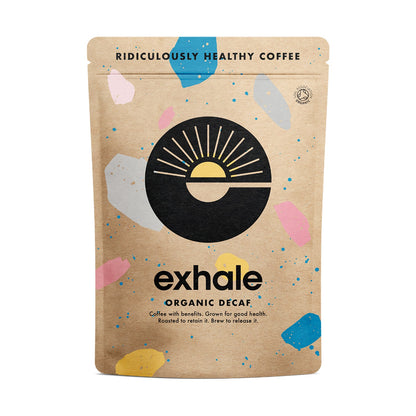 Organic decaf coffee by Exhale Healthy Coffee, showing a bag of decaffeinated coffee on a white background