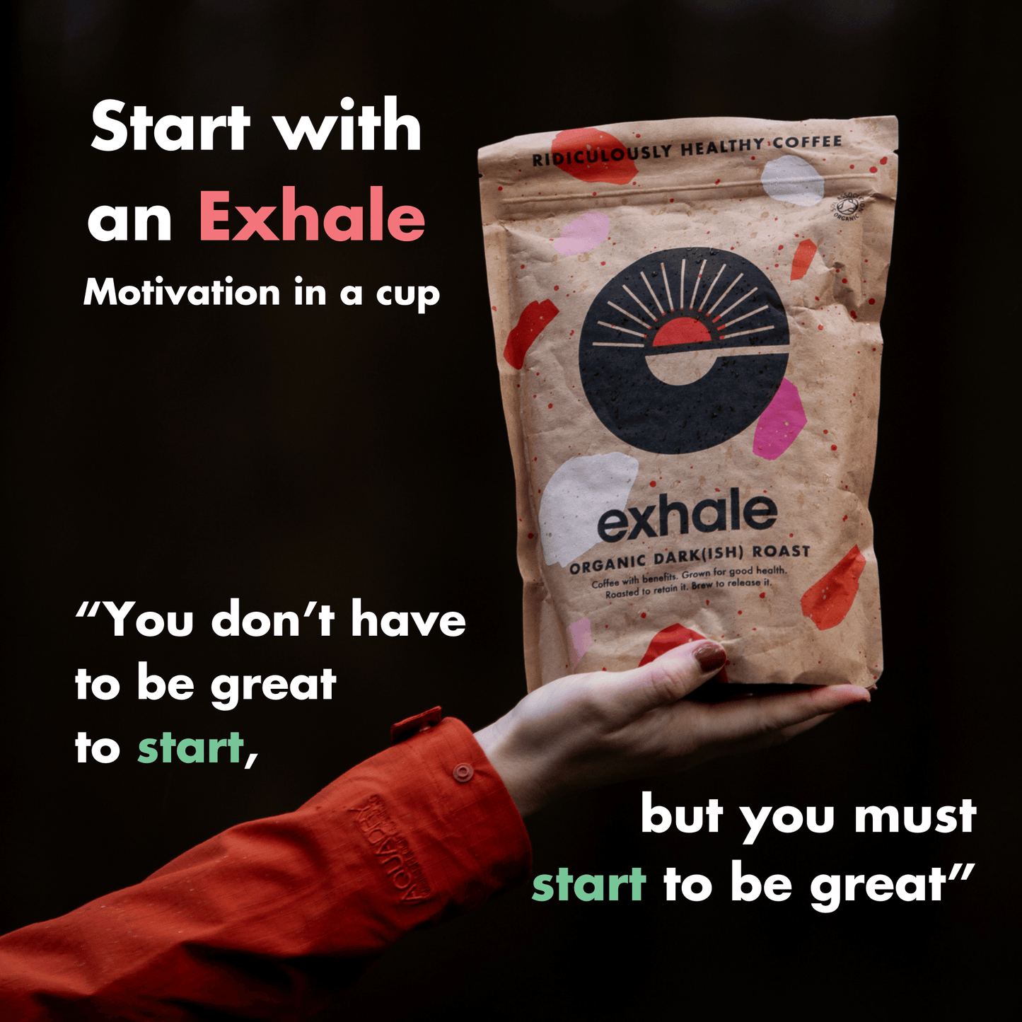 Organic dark roast coffee from Exhale Healthy Coffee, showing a bag of rich, dark roasted coffee beans and packaging.
