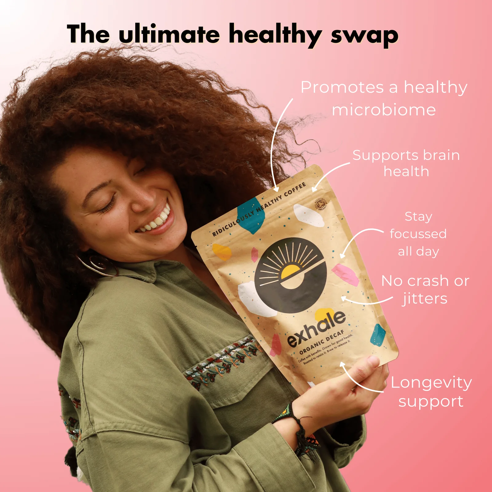 Organic dark roast coffee from Exhale Healthy Coffee, featuring rich coffee beans in a natural setting.