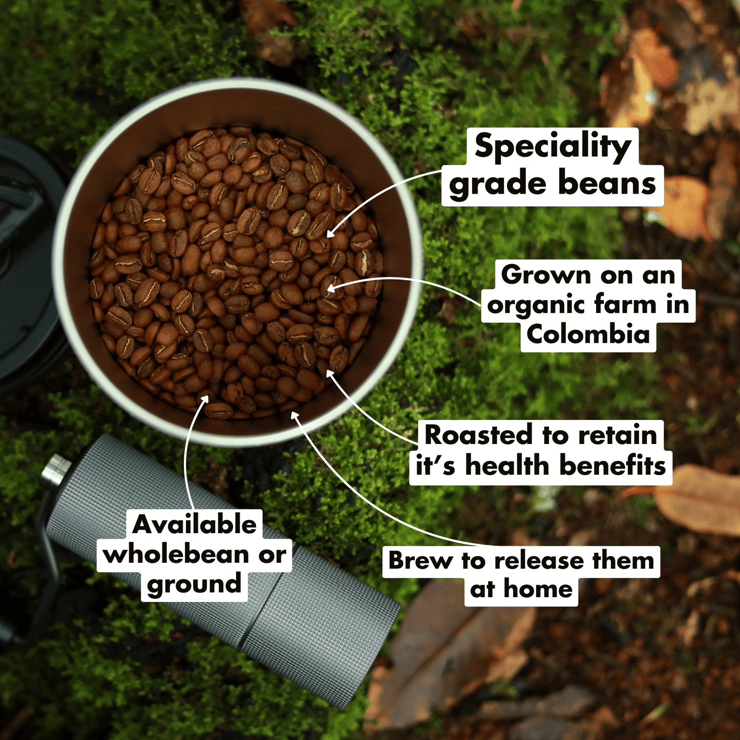 Organic dark roast coffee by Exhale Healthy Coffee, showing a steaming bag of rich, aromatic organic coffee beans.