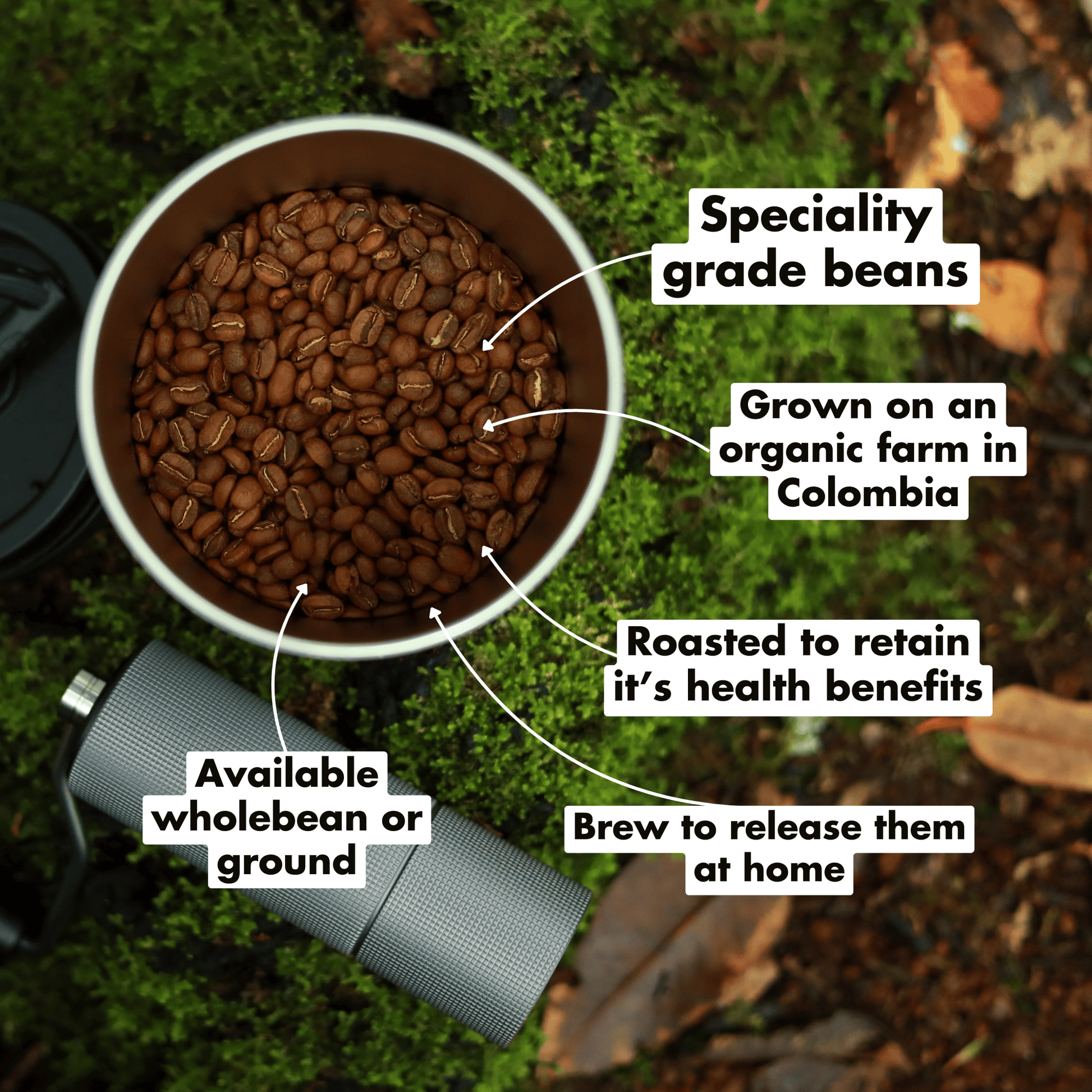 Organic dark roast coffee by Exhale Healthy Coffee, showing a steaming bag of rich, aromatic organic coffee beans.