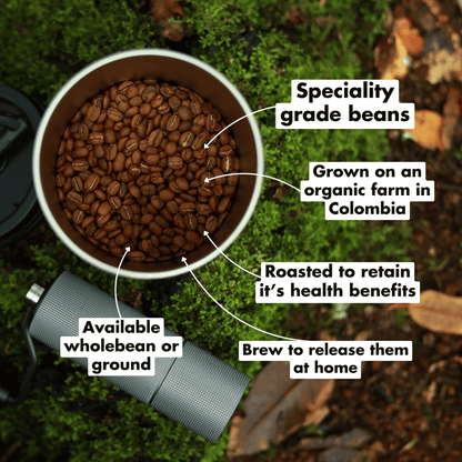 Organic dark roast coffee by Exhale Healthy Coffee, showing a steaming bag of rich, aromatic organic coffee beans.