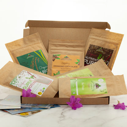 MarvellousSuperfood FIT BOX protein shake selection box with various superfoods and protein powders in colorful packaging.