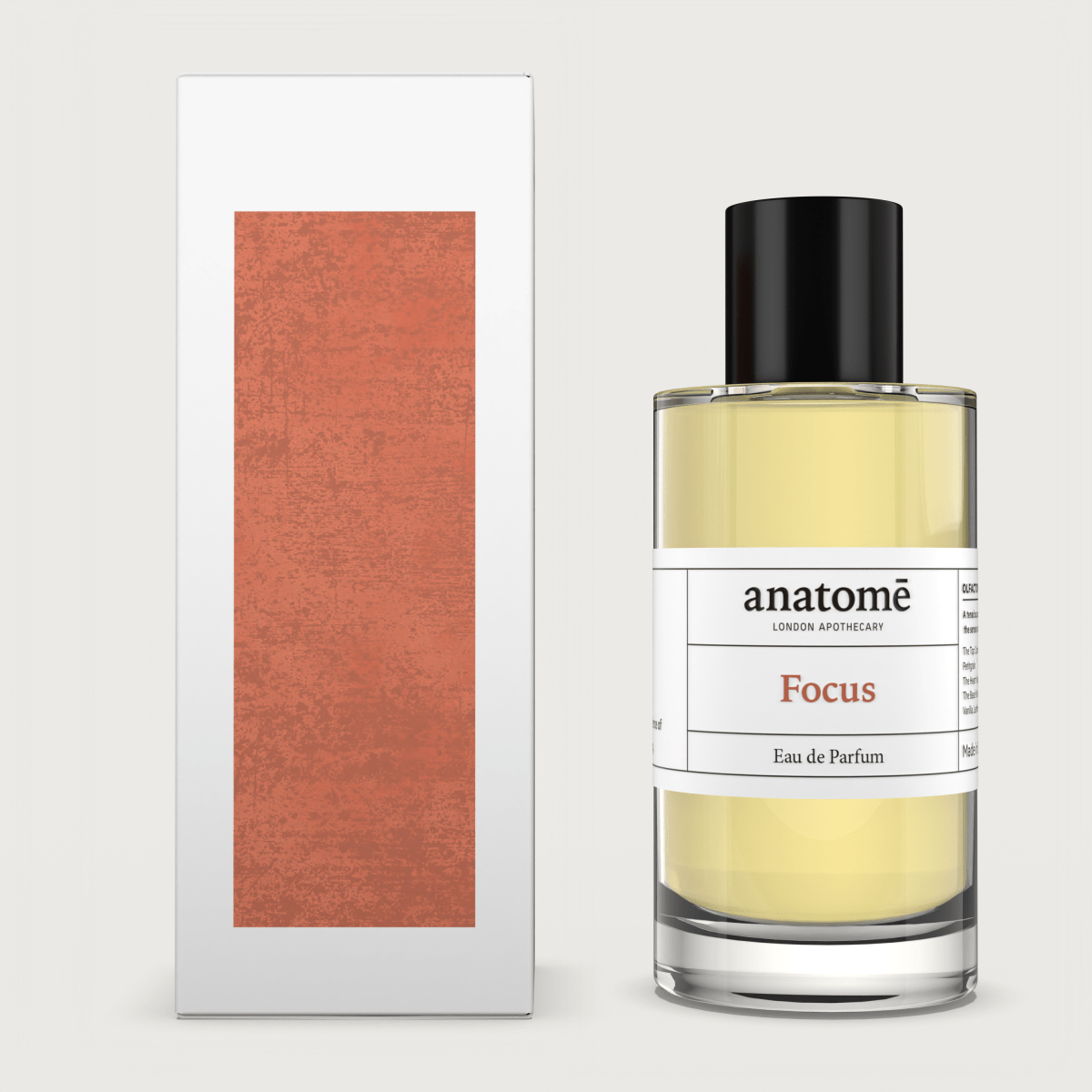 Anatomē Focus Functional Perfume bottle with minimalist design and label, placed on a neutral background.