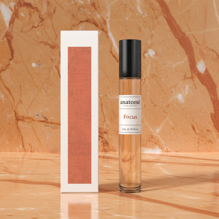 Anatomē Focus Functional Perfume in a 10ml travel bottle, elegant glass container with minimalist label for mental clarity and focus.