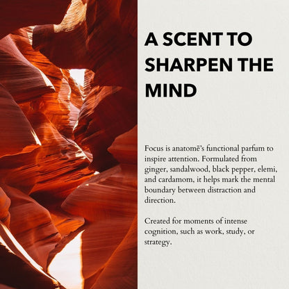 Anatomē Focus Functional Perfume bottle, 10ml travel size, with sleek design and clear label, showcasing the perfume for mental clarity.