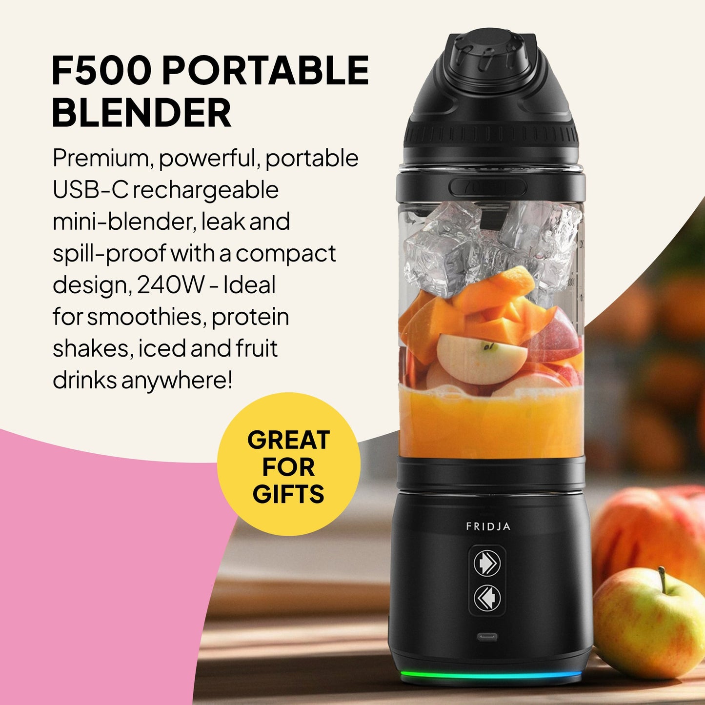 Fridja F500 portable blender with a sleek design, showing the front view with blending jar and control buttons.