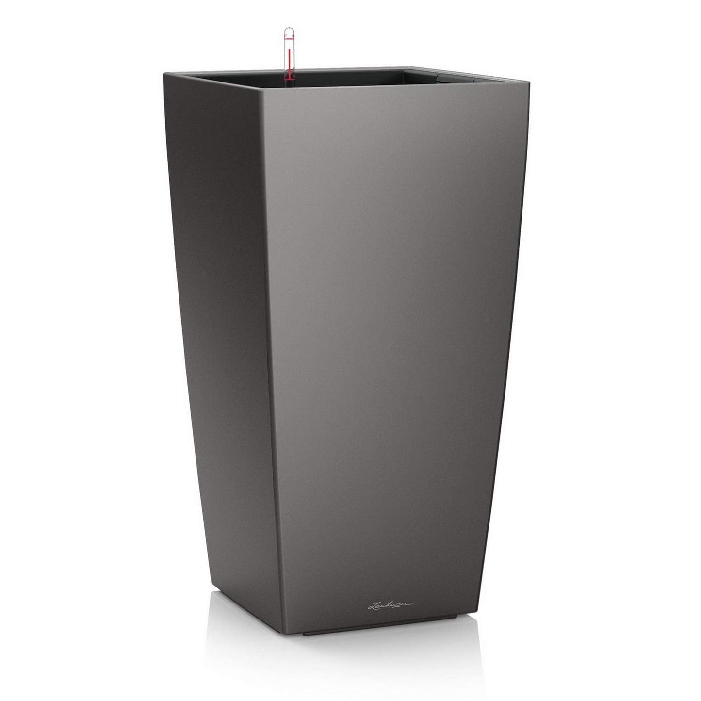 Gray rectangular Lechuza CUBICO 30 self-watering flower planter in charcoal color, ideal for indoor or outdoor plants.