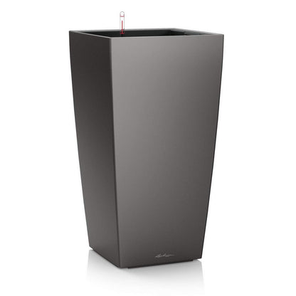 Gray rectangular Lechuza CUBICO 30 self-watering flower planter in charcoal color, ideal for indoor or outdoor plants.