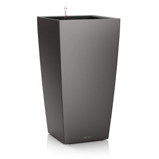 Gray rectangular Lechuza CUBICO 30 self-watering flower planter in charcoal color, ideal for indoor or outdoor plants.