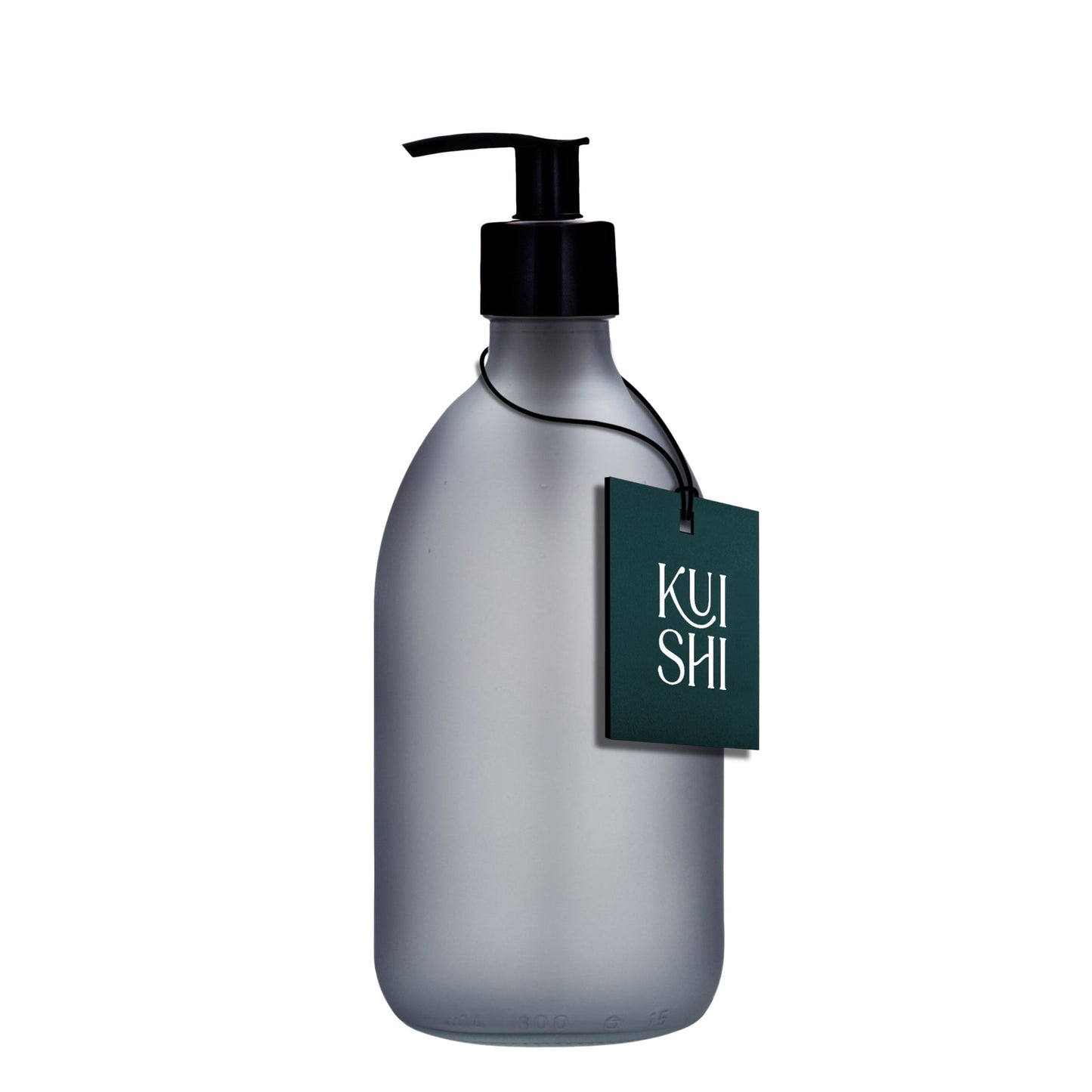 Grey Kuishi soap dispenser with a frosted black plastic finish, 300ml capacity, designed for easy soap dispensing.