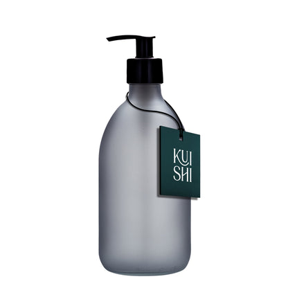 Grey Kuishi soap dispenser with a frosted black plastic finish, 300ml capacity, designed for easy soap dispensing.