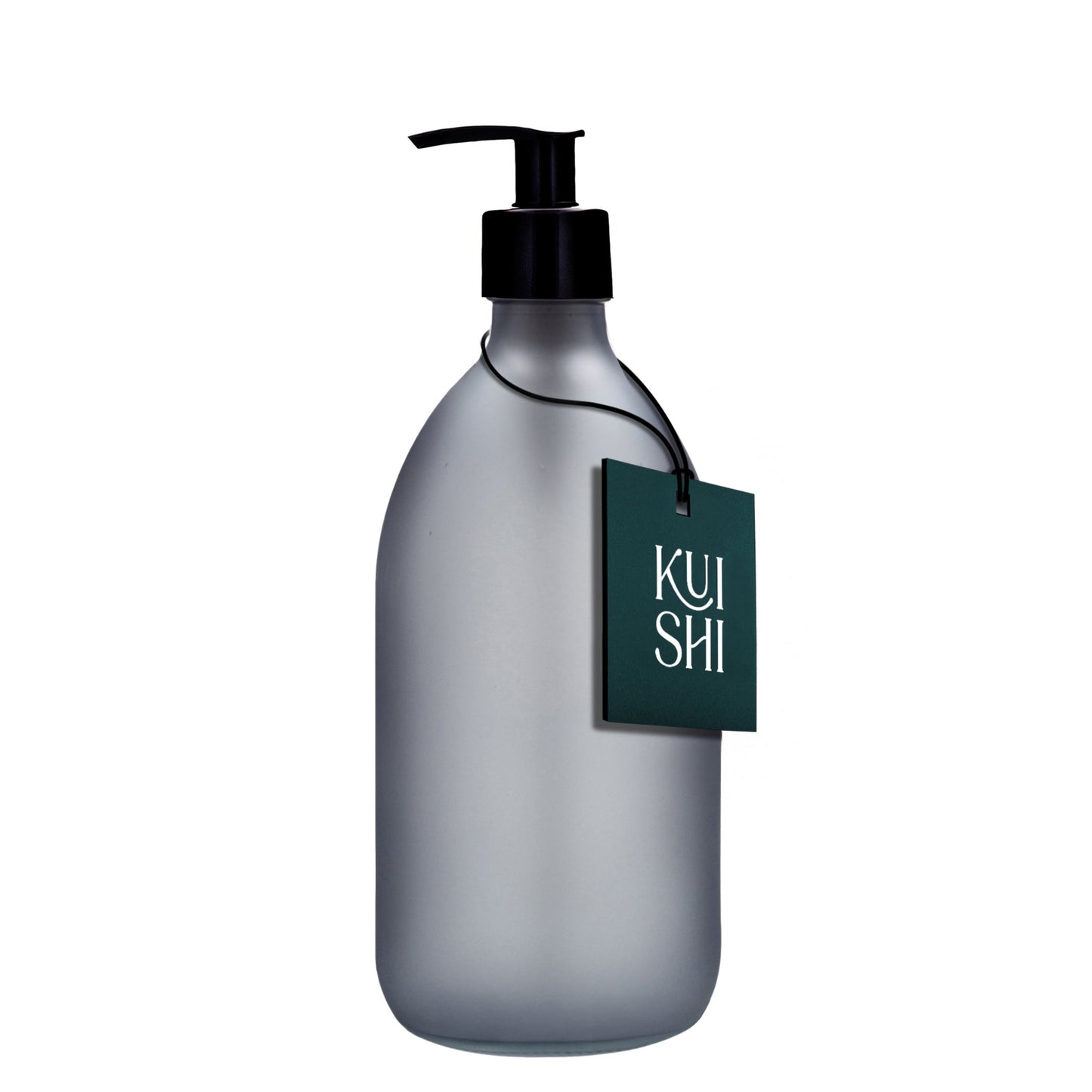 Grey Kuishi soap dispenser with frosted black plastic finish, 500ml capacity, designed for easy dispensing of liquid soap.