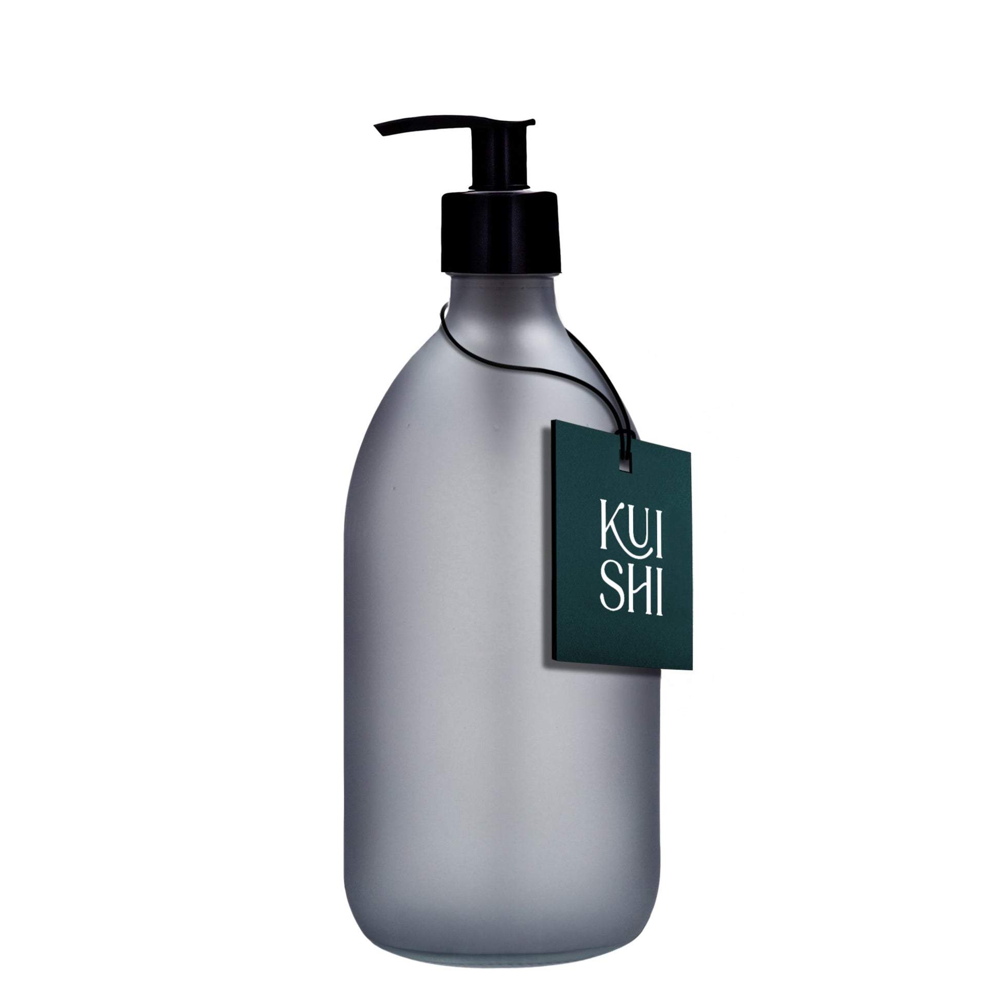 Grey Kuishi soap dispenser with frosted black plastic finish, 500ml capacity, designed for easy dispensing of liquid soap.