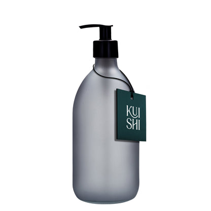 Grey Kuishi soap dispenser with frosted black plastic finish, 500ml capacity, designed for easy dispensing of liquid soap.