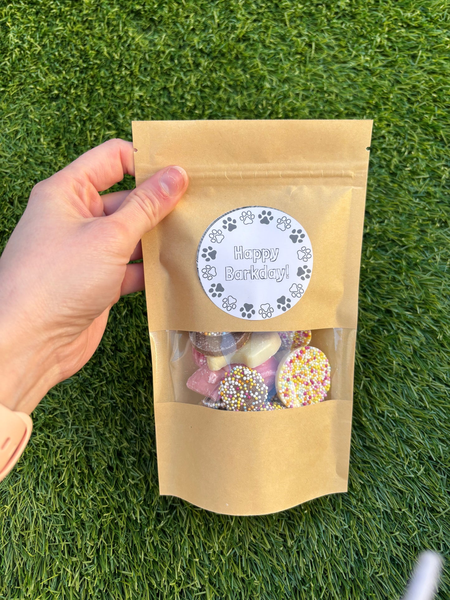 Close-up of Happy Barkday Treat Pick n Mix chocolate treats for dogs by The Bonnie Hound in a 150g bag.