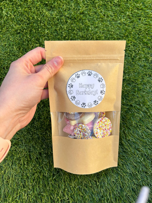 Close-up of Happy Barkday Treat Pick n Mix chocolate treats for dogs by The Bonnie Hound in a 150g bag.