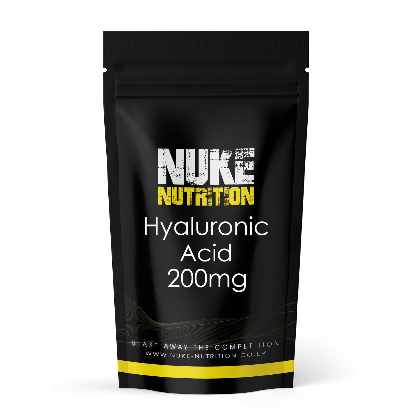 Nuke Nutrition hyaluronic acid 200mg high-strength tablets for skin hydration, hair, and eye support on white background