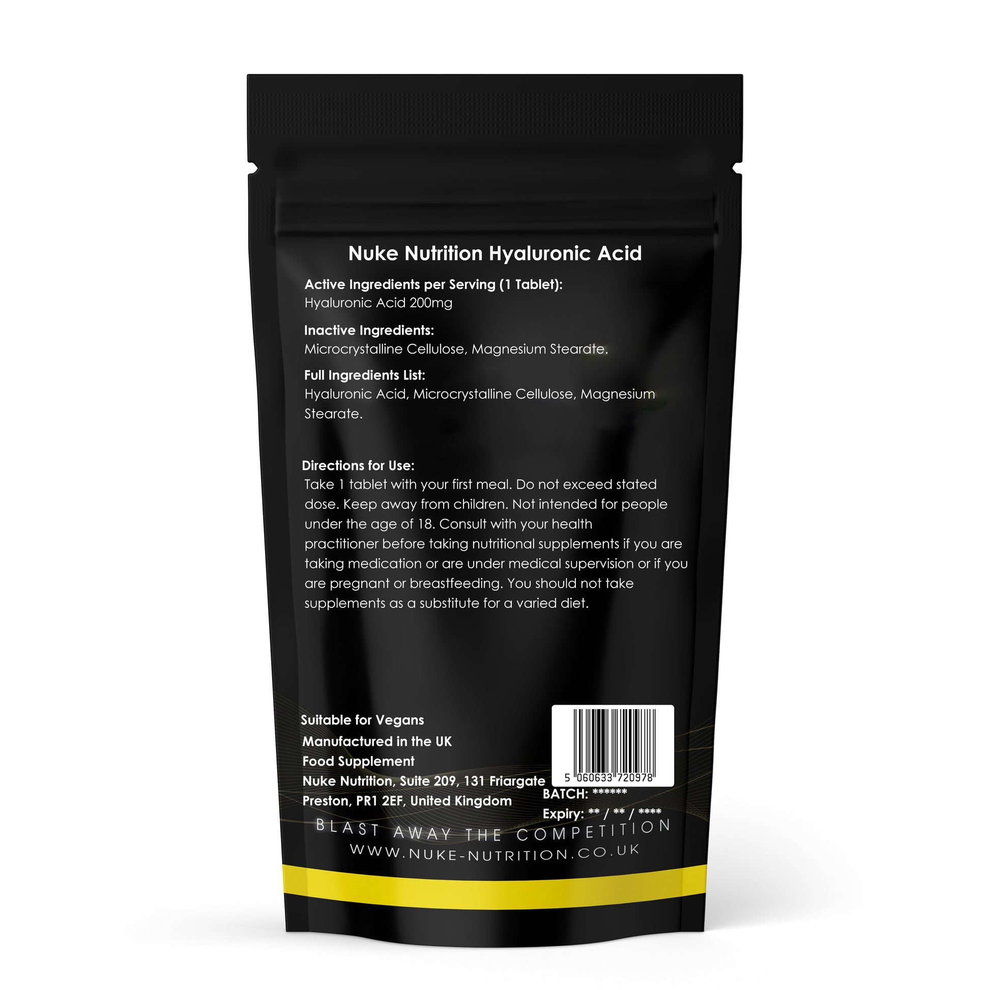 Nuke Nutrition Hyaluronic Acid 200mg high strength tablets for skin hydration, hair, and eye support, displayed in a bottle with tablets.