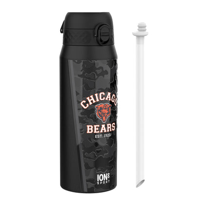 ION8 NFL Bears insulated steel water bottle, 750ml, featuring team logo and durable design for hot and cold drinks.