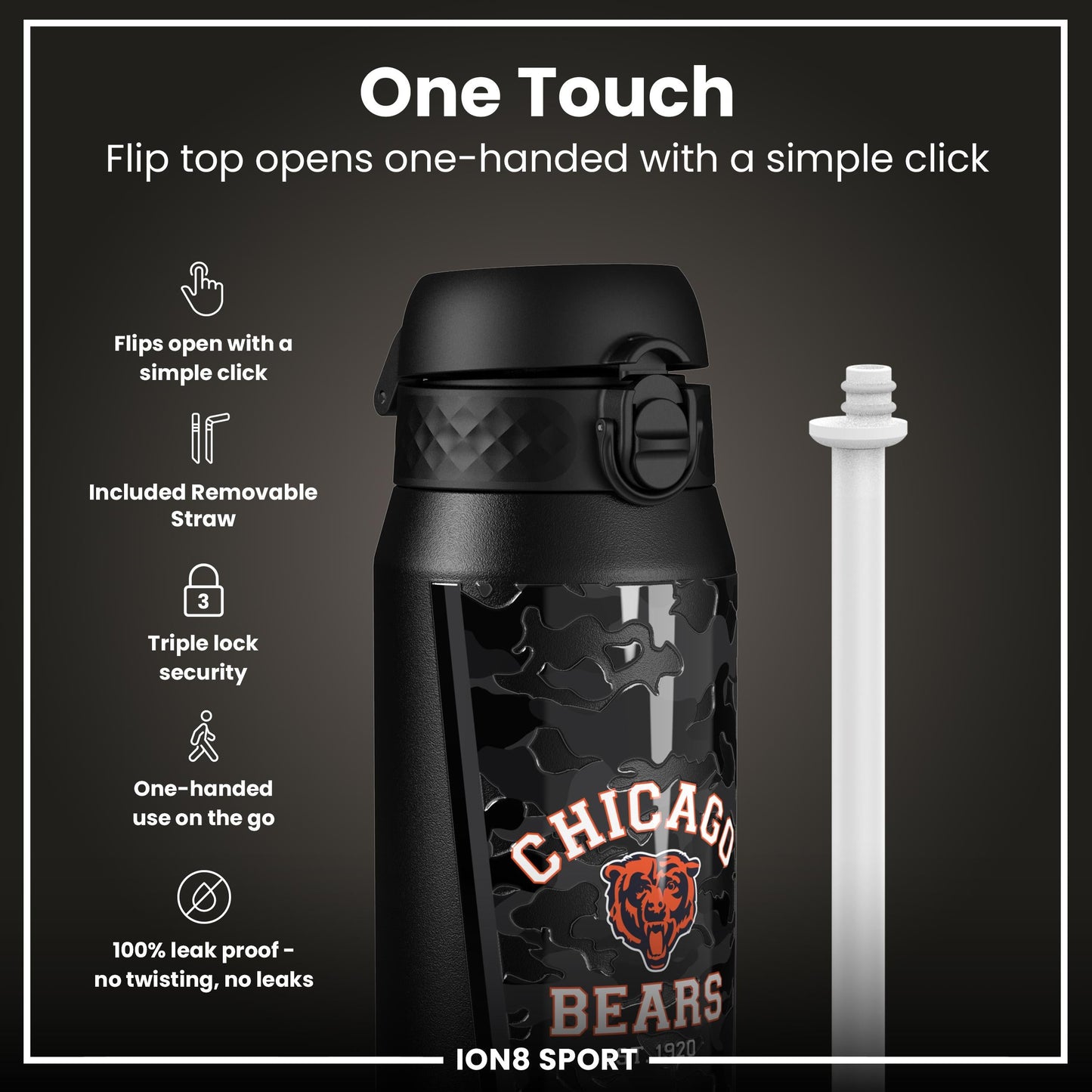 ION8 NFL Bears insulated steel water bottle, 750ml, with team logo, durable design, and leak-proof lid.
