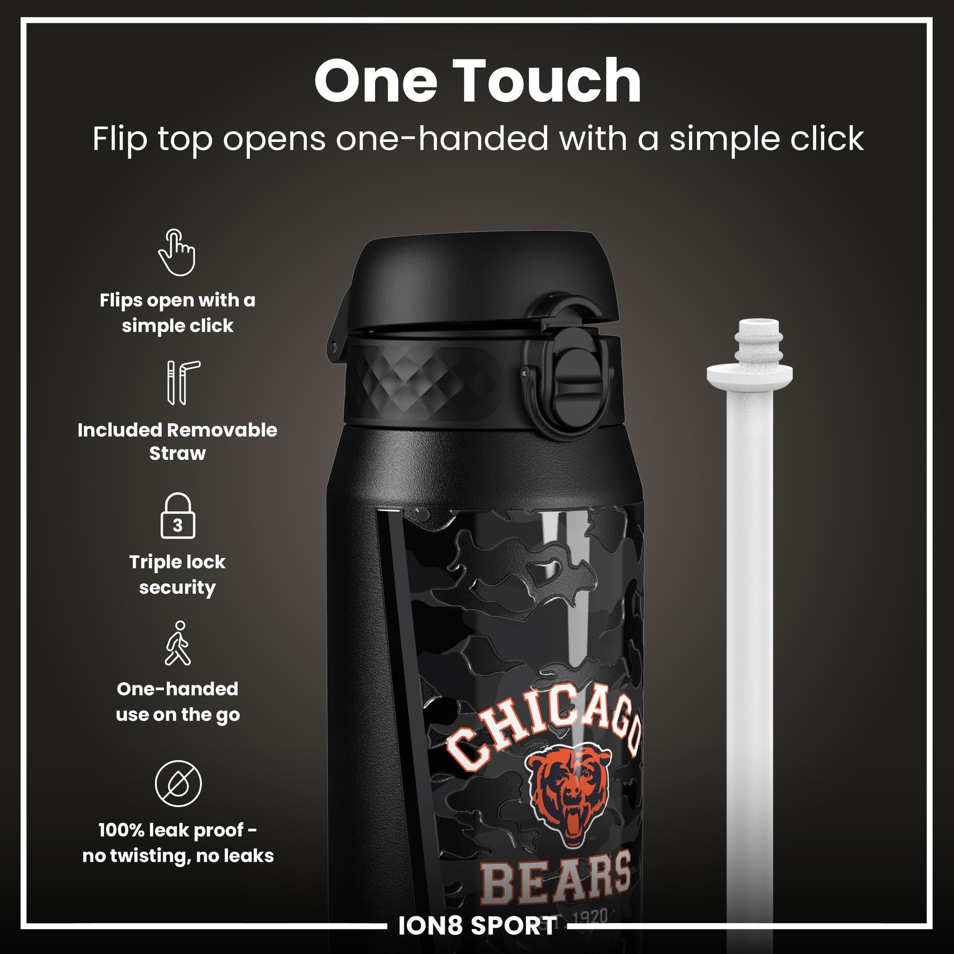 ION8 NFL Bears insulated steel water bottle, 750ml, with team logo, durable design, and leak-proof lid.