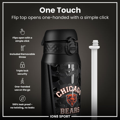 ION8 NFL Bears insulated steel water bottle, 750ml, with team logo, durable design, and leak-proof lid.