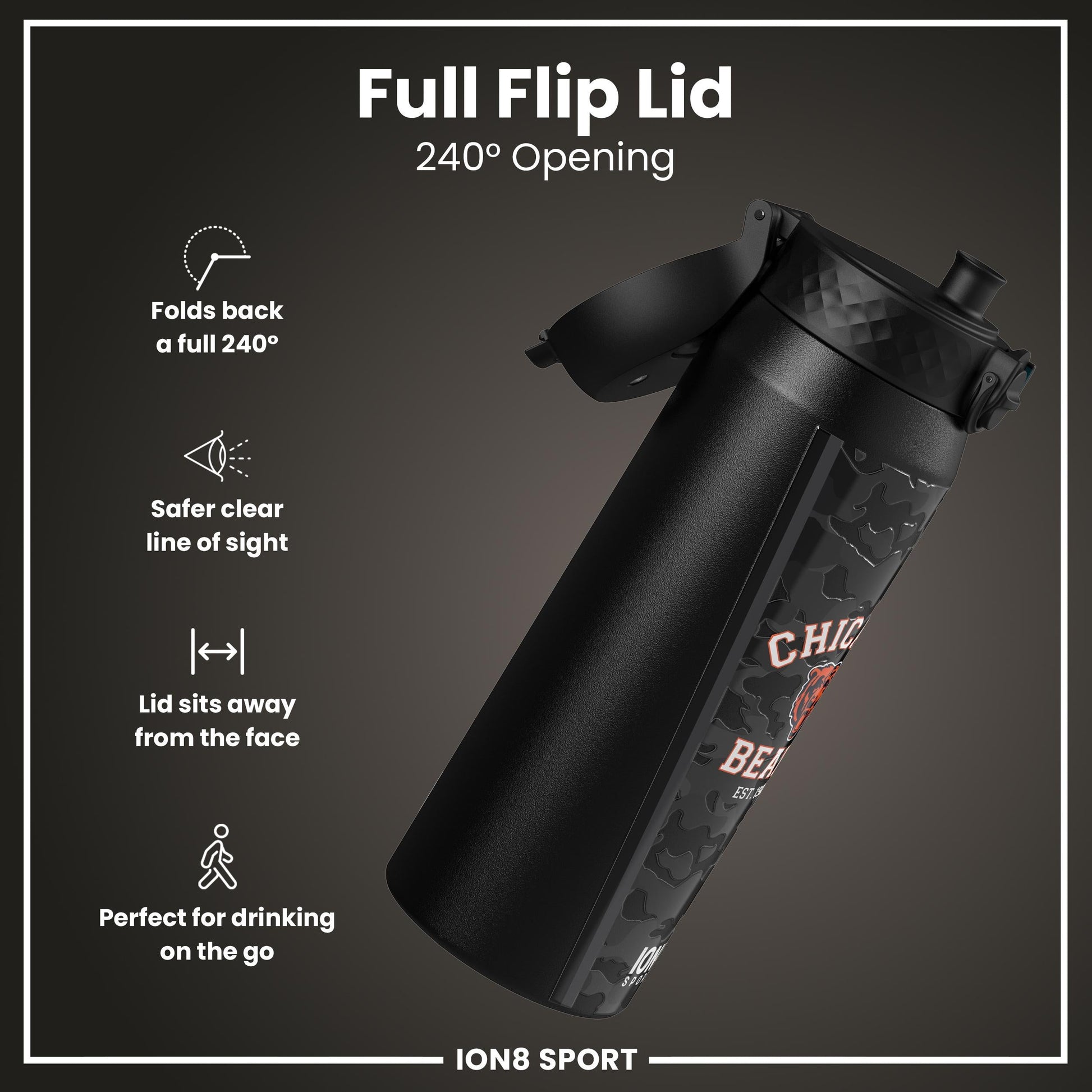 Ion8 NFL Bears insulated steel water bottle, 750ml, with Bears logo and black finish, designed for hot and cold beverages.